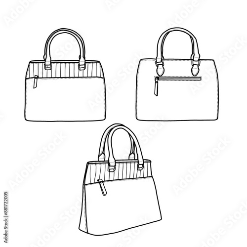 Top handle bag satchel purse vector illustration flat outline template. Front, back, and side view. Vector illustration of top handle bag icon line isolated on a white background