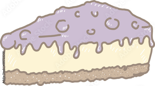 Cartoon blueberry cheese pie topped with blueberry sauce, has a creamy texture and has a compressed cracker base