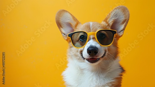 Cute corgi dog wearing stylish sunglasses against a vibrant yellow background. Adorable pet portrait perfect for summer-themed designs.