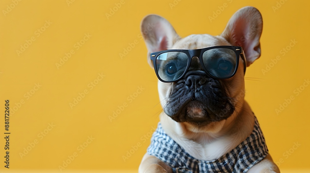 Cute French Bulldog wearing glasses and checkered shirt against a yellow background, looking attentively at the camera. Cute French Bulldog wearing glasses and checkered shirt against a yellow background, looking attentively at the camera.
