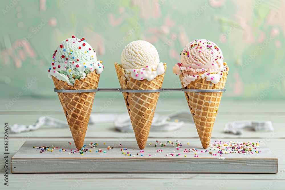 A detailed high-resolution image of ice cream cones with different flavors on a wooden stand, featuring one vanilla and three chocolate cones. A metal scoop lies nearby on a light green background. A detailed high-resolution image of ice cream cones with different flavors on a wooden stand, featuring one vanilla and three chocolate cones. A metal scoop lies nearby on a light green background.