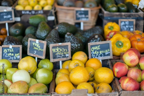 Fruit stand with colorful fruits and vegetables, including lemons, avocados, oranges, apples in wooden baskets at the farmer's market. The sign shows price tags of various fruit types such as watermel photo