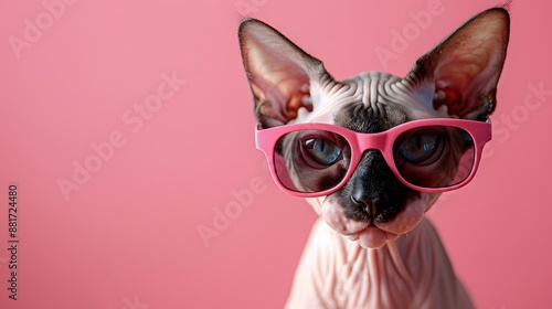 Stylish Sphynx cat wearing pink sunglasses on a pink background. Perfect for trendy, fashion, and pet-themed projects.