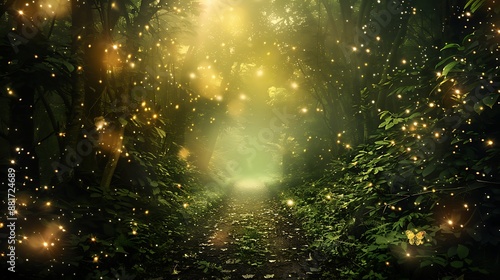 Generate a mystical forest background with ethereal lighting and fantasy elements © Anditya