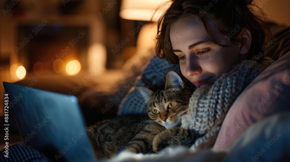 Blissful Woman with Tabby Cat Working on Laptop in Cozy Home Setting Blissful Woman with Tabby Cat Working on Laptop in Cozy Home Setting