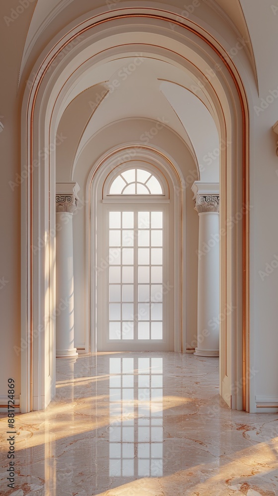 Arched door, three pedestals, light beige background, warm light. Arched door, three pedestals, light beige background, warm light.