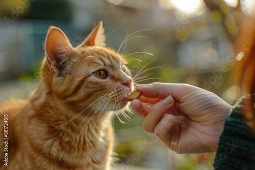 Woman Handing a Cat Treat, Ginger Cat Eagerly Reaching Out for Bonding Moment