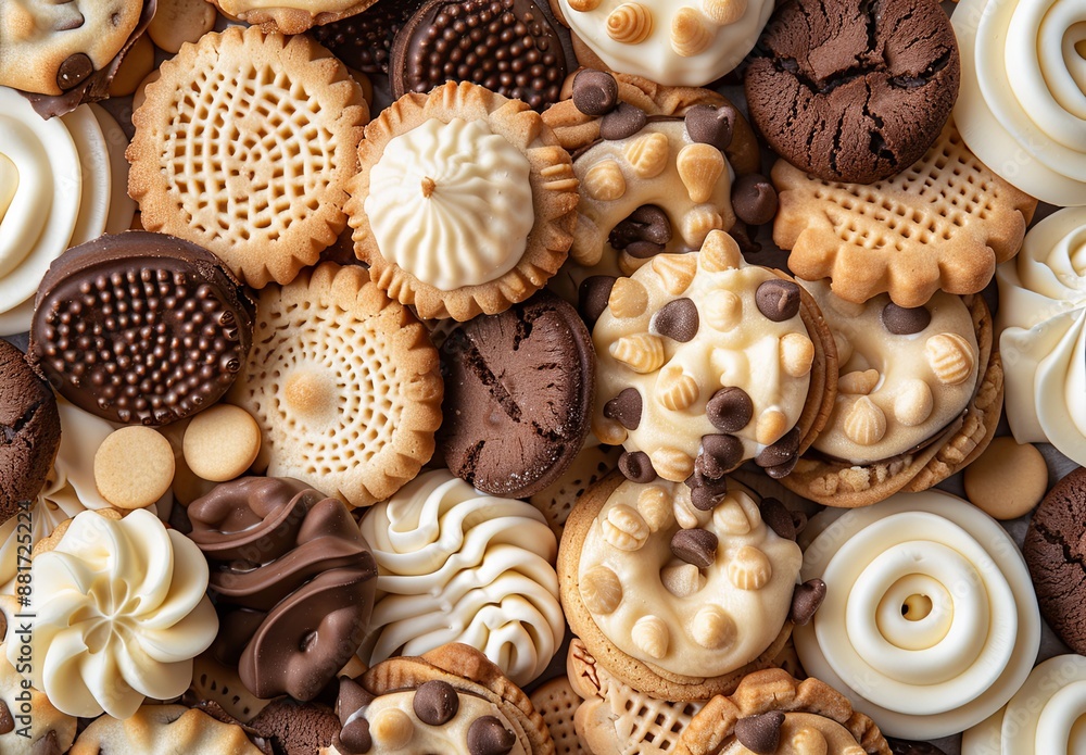 A close-up of assorted cookies, featuring chocolate chip and white chocolate varieties, arranged to showcase their diversity. The detailed image highlights the textures and delicious appeal A close-up of assorted cookies, featuring chocolate chip and white chocolate varieties, arranged to showcase their diversity. The detailed image highlights the textures and delicious appeal