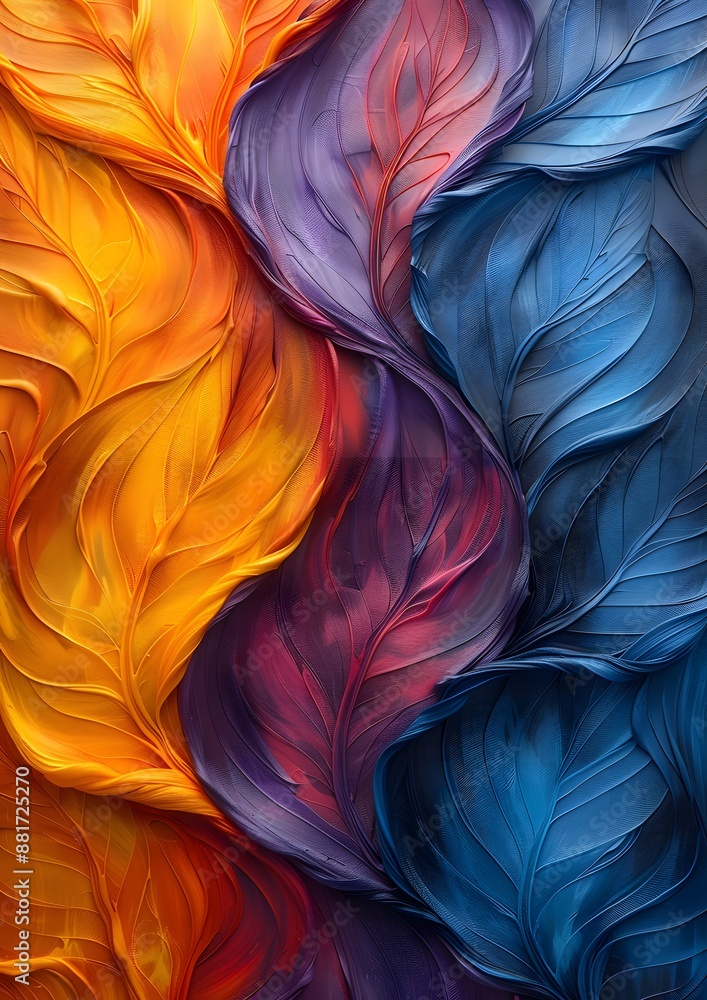 A painting of a leafy green and blue flower with orange and purple streaks. The painting is abstract and has a sense of movement and energy A painting of a leafy green and blue flower with orange and purple streaks. The painting is abstract and has a sense of movement and energy