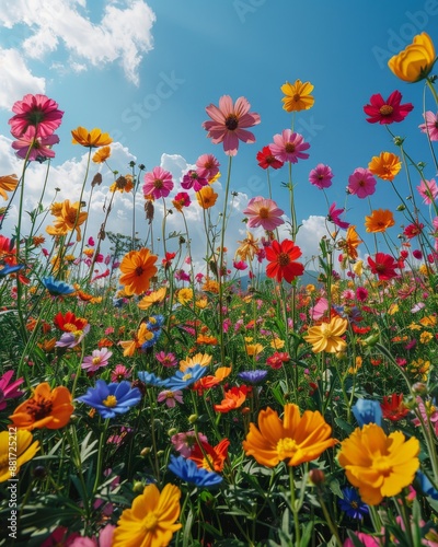 A sky full of colorful flowers, with a clear blue sky and white clouds in the background. The flowers include pink chrysanthemums, yellow daisies, purple cosmos flowers, green leaves, and red roses.