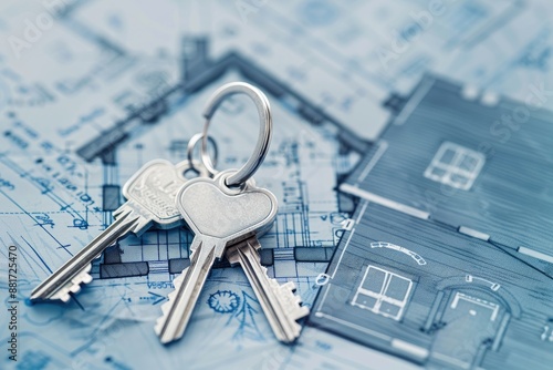 Keys with House and Heart Keychains on Blueprint Symbolizing Financial Investment and Emotional Connection