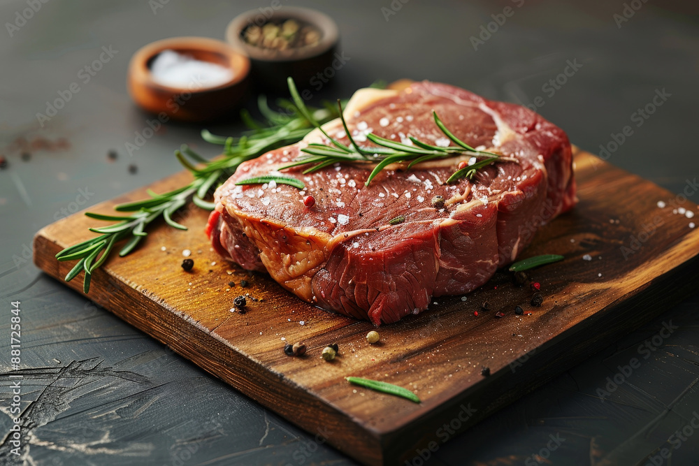 fresh raw steak meat on wooden board with rosemary and spice fresh raw steak meat on wooden board with rosemary and spice