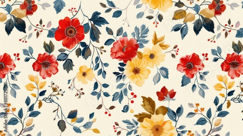 A floral pattern with red and yellow flowers. The flowers are arranged in a way that creates a sense of movement and depth. The colors are bright and cheerful, giving the impression of a happy