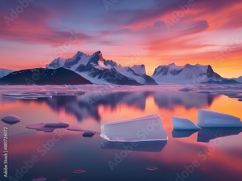 An illustratiion of calm water in an icy landscape during a beautiful golden hour photo