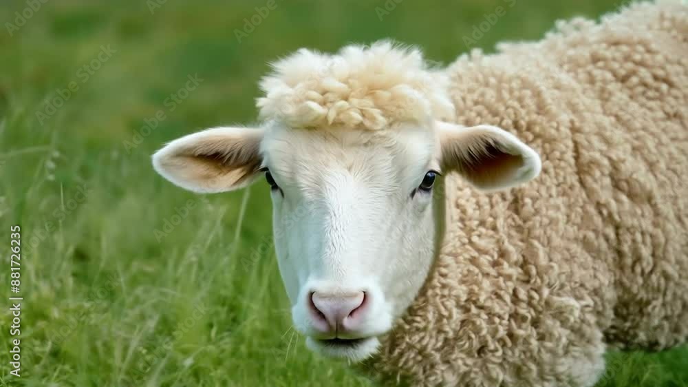 Serene sheep grazing on lush green meadow Serene sheep grazing on lush green meadow