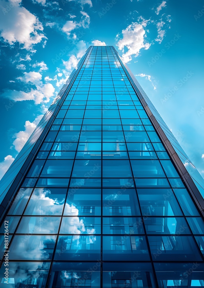 A tall building with a blue sky in the background. The building is made of glass and has a reflective surface A tall building with a blue sky in the background. The building is made of glass and has a reflective surface