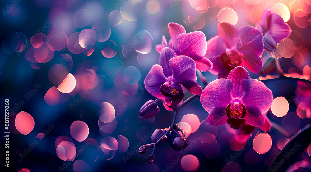Purple Orchid Flowers on Bokeh Background. Generative AI: Purple Orchid Flowers on Bokeh Background. Generative AI: