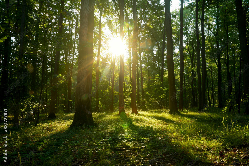 the sun beam shines through the trees in the forest on a path. generative ai the sun beam shines through the trees in the forest on a path. generative ai