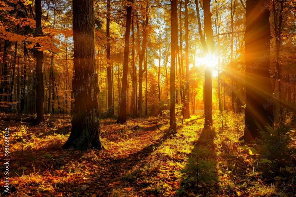 Fototapeta premium the sun beam shines through the autumn trees in the forest on a path. generative ai