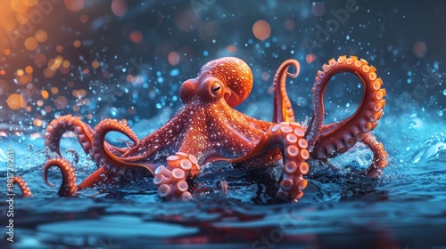 octopus in sea with splash effect, sea background photo