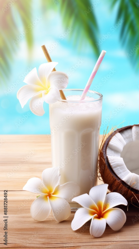 A glass of cold coconut milk with straws and a single white flower on a wooden table, surrounded by white tropical flowers A glass of cold coconut milk with straws and a single white flower on a wooden table, surrounded by white tropical flowers