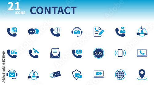 Contact icon. Set of call icons, chat messages, mail, location, sos,...