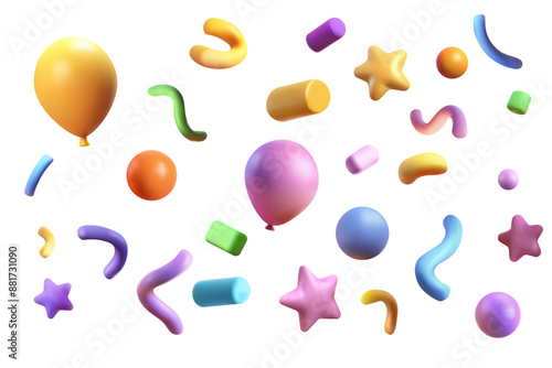 Confetti party clapper 3d vector, shapes. Birthday or carnival fireworks or popper paper streamers, star and elements for greeting design. Multicolored