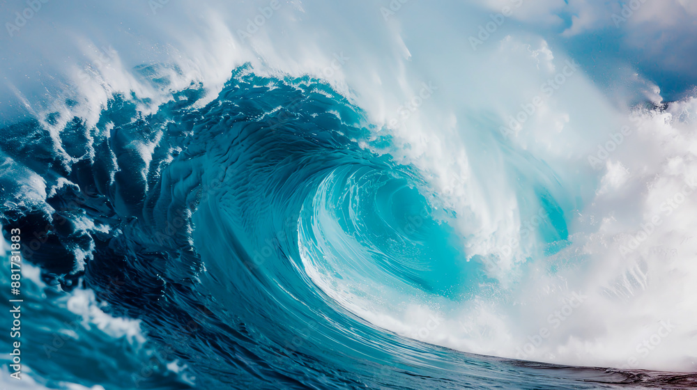 Fototapeta premium Dramatic ocean wave crashing with spray under a cloudy sky, showcasing the power and beauty of nature.