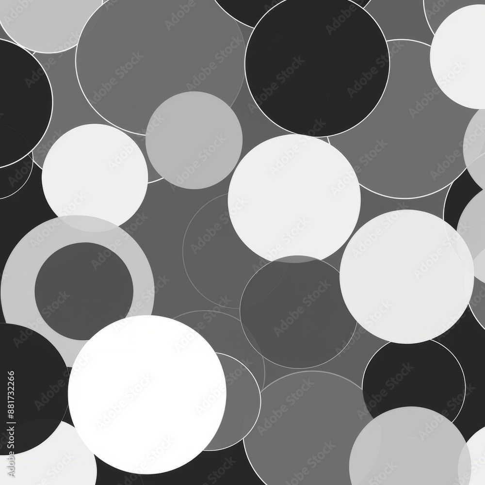 A pattern of various sized white, black, and gray circles with a thin white outline, layered on a gray background A pattern of various sized white, black, and gray circles with a thin white outline, layered on a gray background