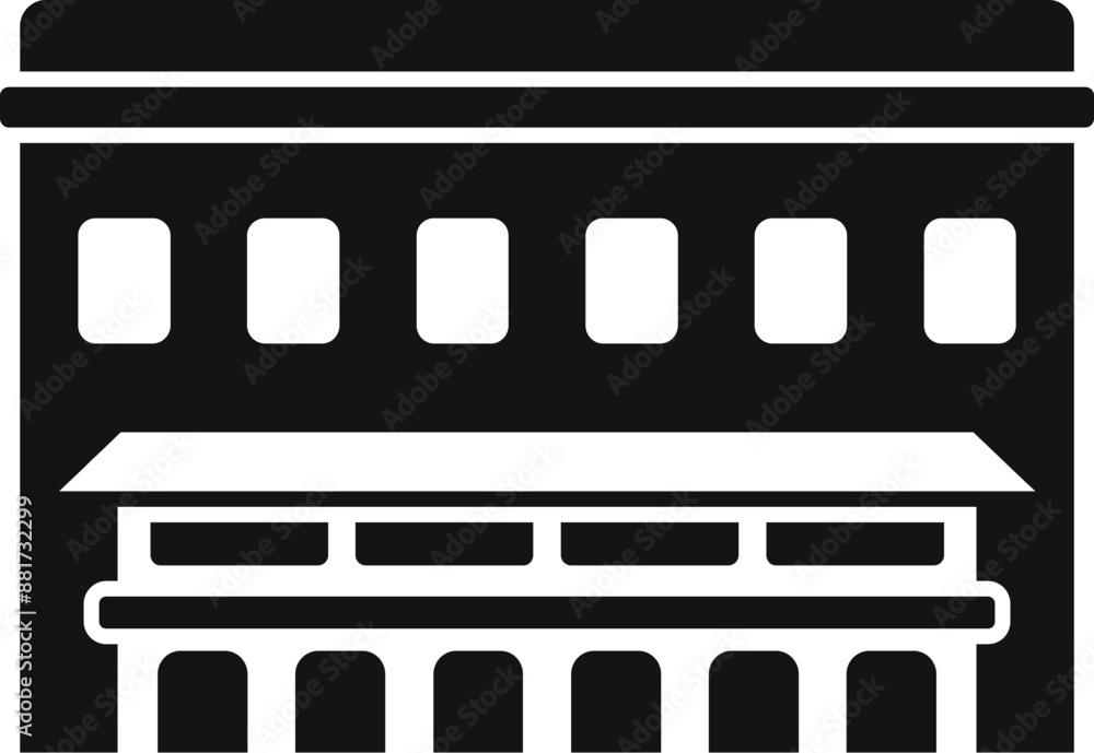 Solid black silhouette of an industrial building with a large awning over the entrance Solid black silhouette of an industrial building with a large awning over the entrance