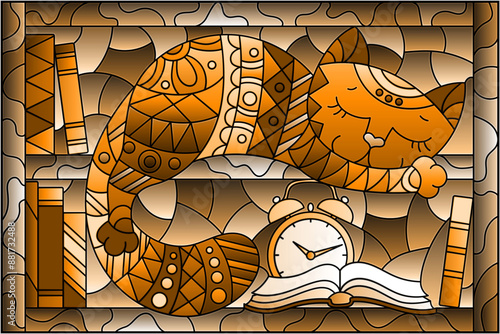 A stained glass illustration with a cute cartoon cat sleeping on bookshelves, tone brown