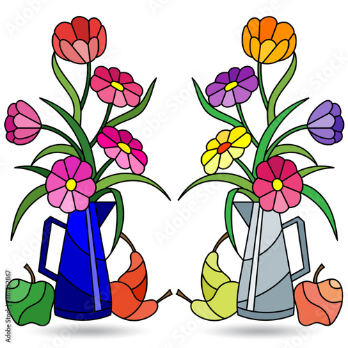 A set of stained glass illustrations with still lifes, flowers and fruits isolated on a white background