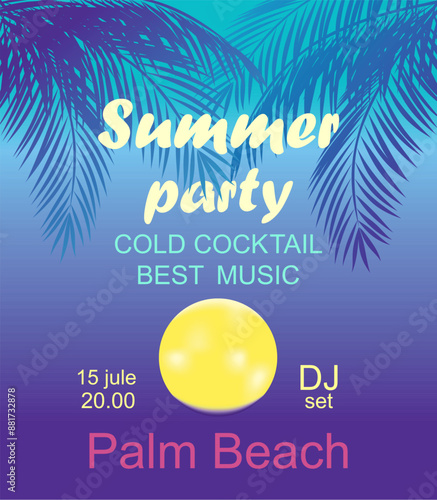 Violet and blue tropical poster with coconut palm branches and mystical moon for summer night beach party invitation
