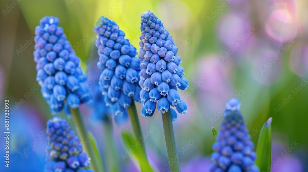 2022 Trendy Blue Muscari Flowers in Garden Close up 2022 Trendy Blue Muscari Flowers in Garden Close up