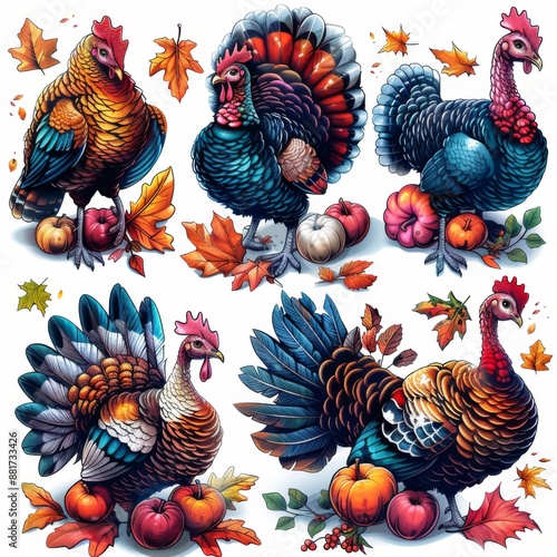 Thanksgiving Turkeys and Rooster with Autumn Leaves photo