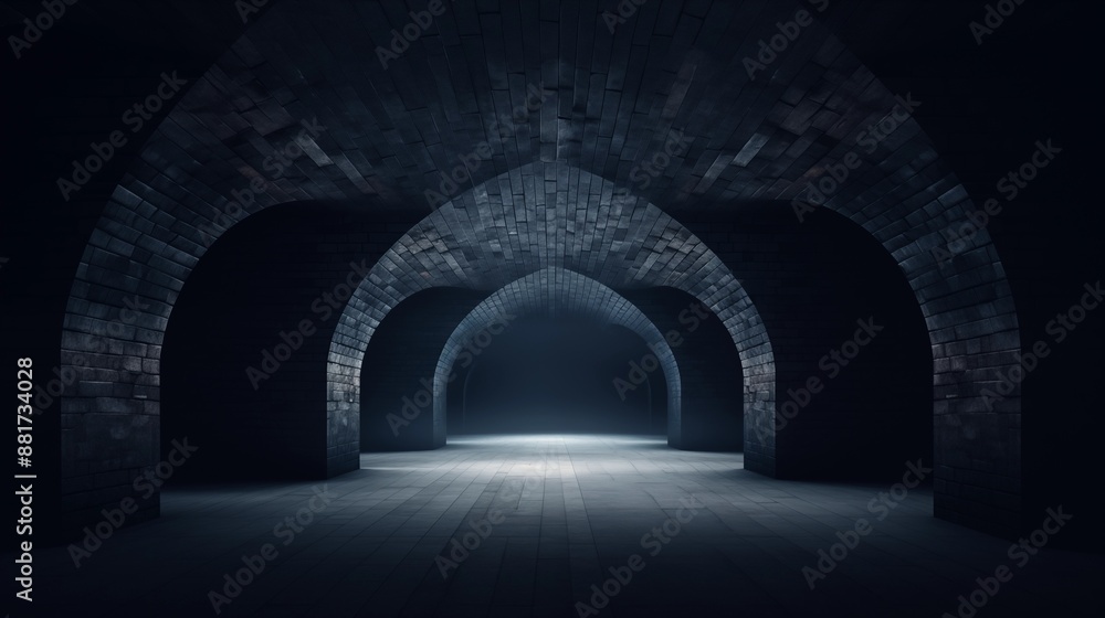 Fototapeta premium Mysterious Arched Vault Corridor with Dim Lighting and Historic Architecture