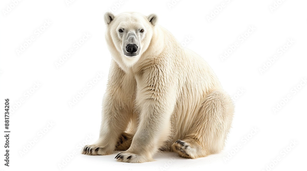 Studio shot of a Polar bear sitting and looking forward on a white background. Studio shot of a Polar bear sitting and looking forward on a white background.