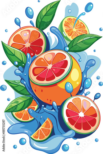Fresh orange in splashes water, flat illustration, vector illustration.