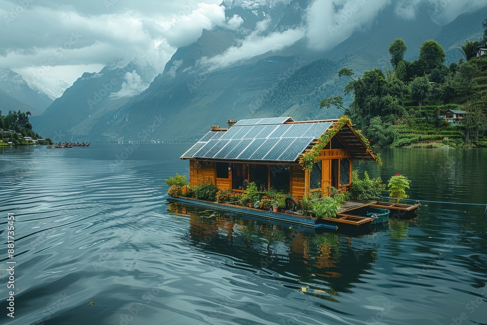 Naklejka premium A solar-powered boat cruising on a lake, emphasizing the use of renewable energy in transportation.