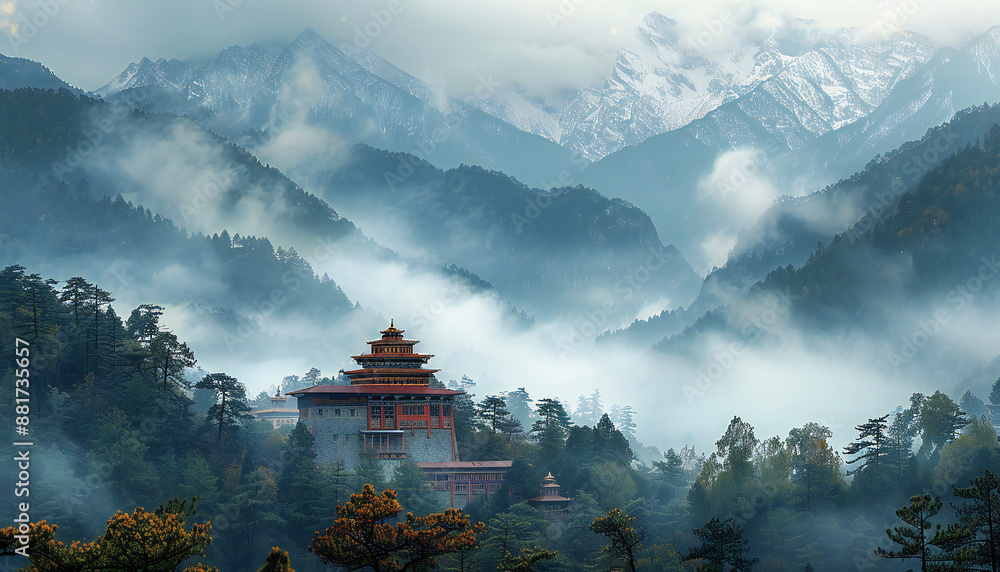 Recreation of a tibetan temple in some lost place in the mountains, Shangri la, the lost horizon Recreation of a tibetan temple in some lost place in the mountains, Shangri la, the lost horizon