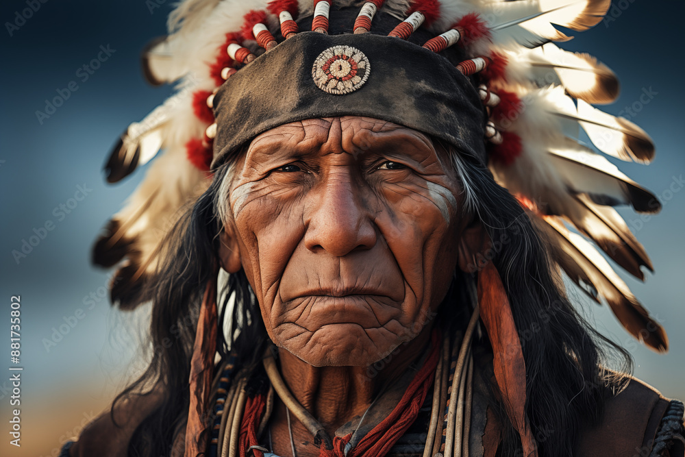 Image of an American Indian. History of America. History book. Historical reconstitution. Indian Chief. Image of an American Indian. History of America. History book. Historical reconstitution. Indian Chief.