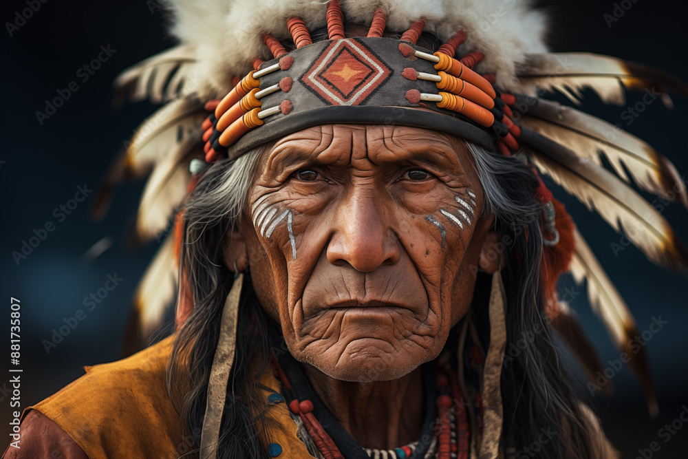 Fototapeta premium Image of an American Indian. History of America. History book. Historical reconstitution. Indian Chief.