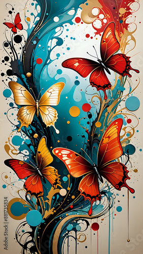 Abstraktion Schmetterlinge und Blumen auf Türkis 9x16. Hintergrund für das Design 2.