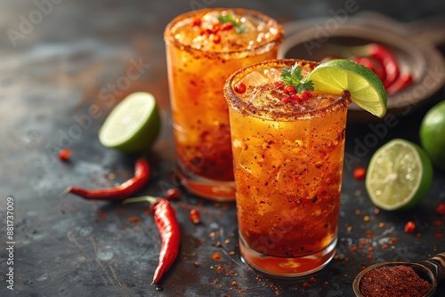 A spicy michelada cocktail in a salt-rimmed glass, with beer, lime juice, hot sauce, and Worcestershire sauce, garnished with a chili pepper. 