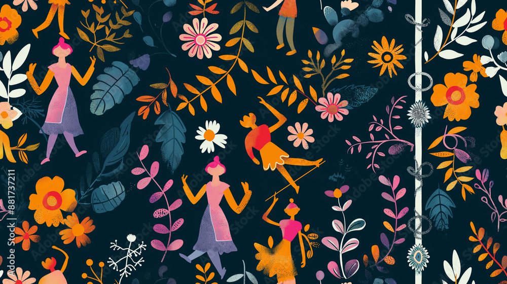 A colorful painting of people and flowers A colorful painting of people and flowers