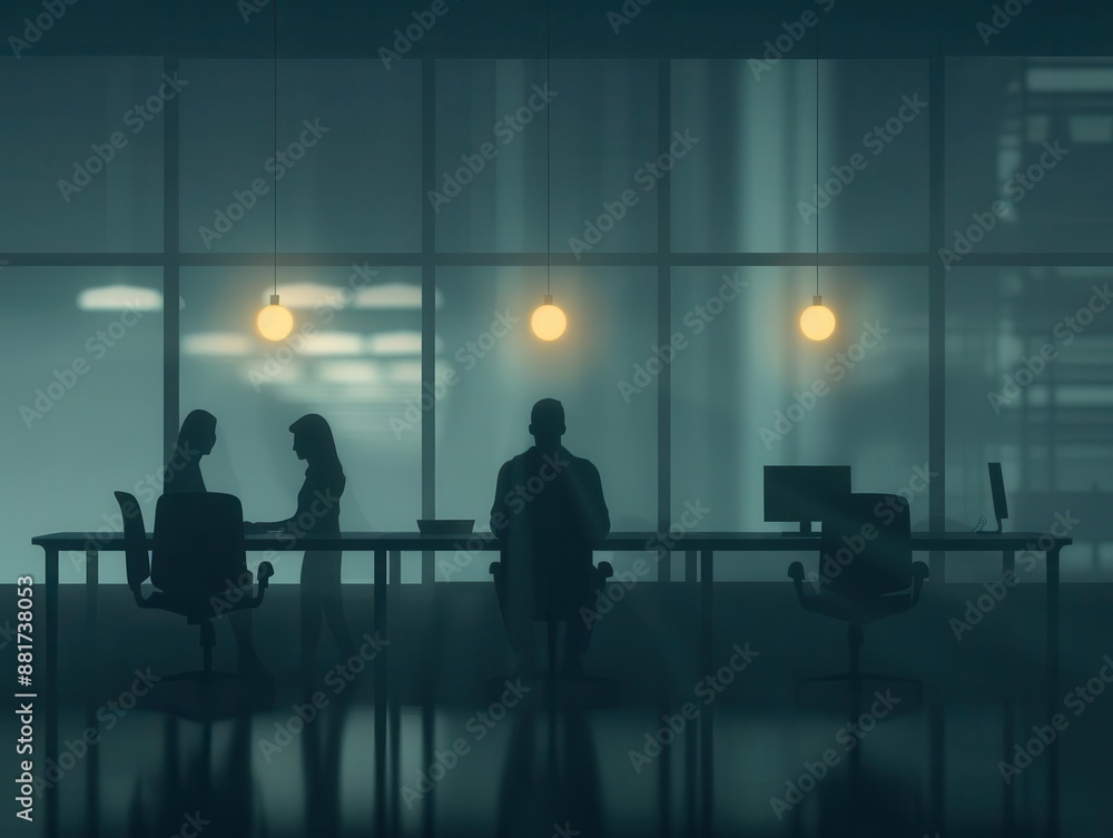 Silhouetted office employees working late at night, illuminated by dim lights through large windows, creating a moody atmosphere. Silhouetted office employees working late at night, illuminated by dim lights through large windows, creating a moody atmosphere.