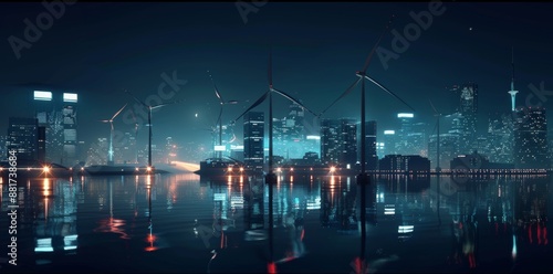 A scene capturing wind turbines against a backdrop of city lights at night, blending renewable energy with urban nightlife.