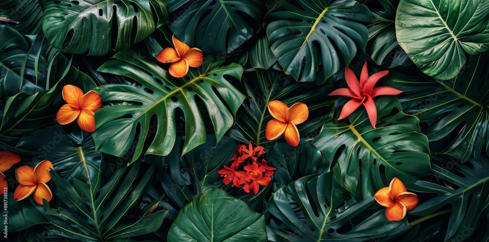 Naklejka premium Vibrant tropical green leaves adorned with bright, colorful flowers, showcasing the lush beauty and vibrant colors of a tropical setting.