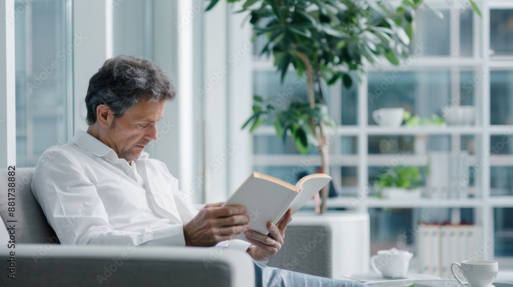 Successful Executive Embracing Innovation: Business Strategies Book in Luxurious Office Setting Successful Executive Embracing Innovation: Business Strategies Book in Luxurious Office Setting