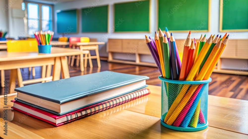 Colorful textbooks, pencils, and a ruler are arranged neatly on a wooden desk in a bright and tidy classroom, conveying a sense of learning and academic curiosity. Colorful textbooks, pencils, and a ruler are arranged neatly on a wooden desk in a bright and tidy classroom, conveying a sense of learning and academic curiosity.